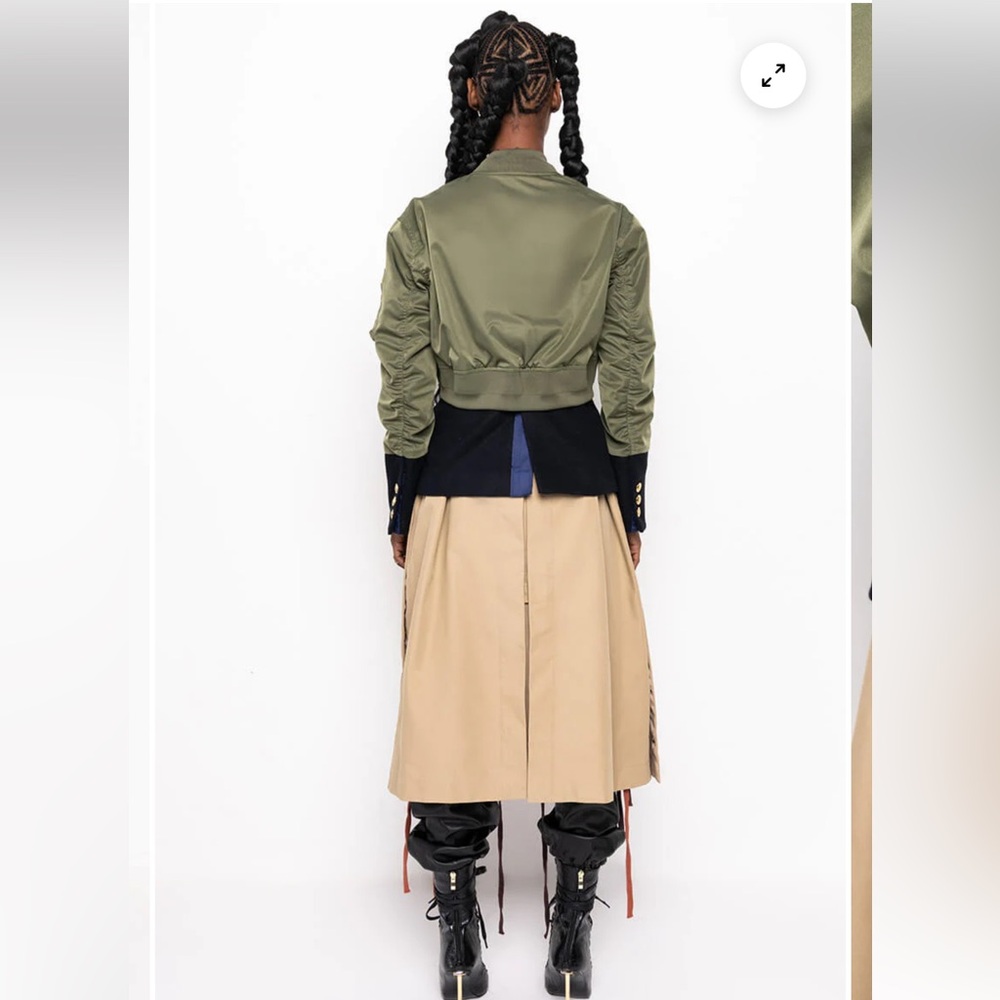 AKIRA Green and Black Bomber Jacket with Tan trench style coat at the bottom - Picture 2 of 5